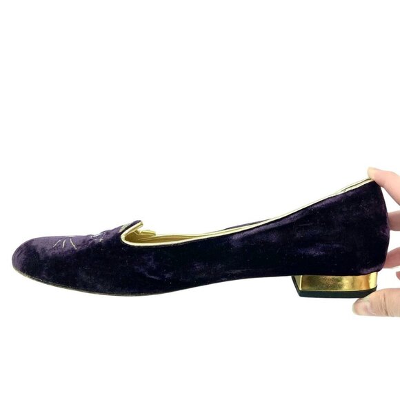 Charlotte Olympia Kitty Cat Purple Velvet Flats Loafers Gold, EU 39 US 8.5-9 - Picture 13 of 13